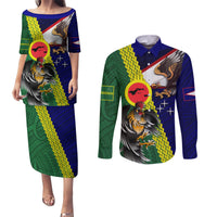 Manu'a Island and American Samoa Couples Matching Puletasi and Long Sleeve Button Shirt Rooster and Eagle Mascot LT03 Green - Polynesian Pride