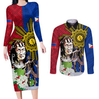 Philippines Lapu-Lapu Couples Matching Long Sleeve Bodycon Dress and Long Sleeve Button Shirt Filipino Sun Tattoo With Yakan Pattern