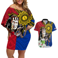 Philippines Lapu-Lapu Couples Matching Off Shoulder Short Dress and Hawaiian Shirt Filipino Sun Tattoo With Yakan Pattern LT03 Red - Polynesian Pride