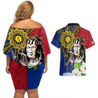 Philippines Lapu-Lapu Couples Matching Off Shoulder Short Dress and Hawaiian Shirt Filipino Sun Tattoo With Yakan Pattern LT03 - Polynesian Pride