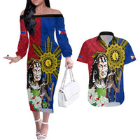 Philippines Lapu-Lapu Couples Matching Off The Shoulder Long Sleeve Dress and Hawaiian Shirt Filipino Sun Tattoo With Yakan Pattern