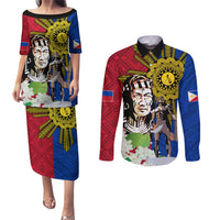 Philippines Lapu-Lapu Couples Matching Puletasi and Long Sleeve Button Shirt Filipino Sun Tattoo With Yakan Pattern