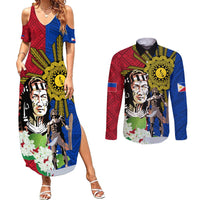 Philippines Lapu-Lapu Couples Matching Summer Maxi Dress and Long Sleeve Button Shirt Filipino Sun Tattoo With Yakan Pattern LT03 Red - Polynesian Pride