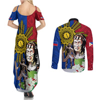 Philippines Lapu-Lapu Couples Matching Summer Maxi Dress and Long Sleeve Button Shirt Filipino Sun Tattoo With Yakan Pattern LT03 - Polynesian Pride