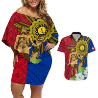 Philippines Lapu Lapu King Jasmine Flowers Couples Matching Off Shoulder Short Dress and Hawaiian Shirt Filipino Sun Tattoo LT03 Red - Polynesian Pride
