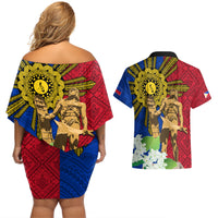 Philippines Lapu Lapu King Jasmine Flowers Couples Matching Off Shoulder Short Dress and Hawaiian Shirt Filipino Sun Tattoo LT03 - Polynesian Pride