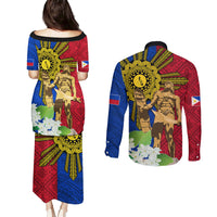 Philippines Lapu Lapu King Jasmine Flowers Couples Matching Puletasi and Long Sleeve Button Shirt Filipino Sun Tattoo