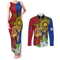 Philippines Lapu Lapu King Jasmine Flowers Couples Matching Tank Maxi Dress and Long Sleeve Button Shirt Filipino Sun Tattoo