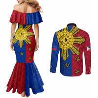 Philippines Sun Batok Tattoo Couples Matching Mermaid Dress and Long Sleeve Button Shirt Polynesian and Yakan Pattern LT03 - Polynesian Pride