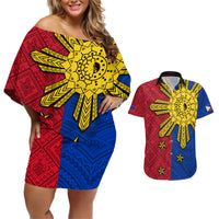 Philippines Sun Batok Tattoo Couples Matching Off Shoulder Short Dress and Hawaiian Shirt Polynesian and Yakan Pattern LT03 Red - Polynesian Pride