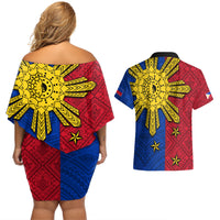 Philippines Sun Batok Tattoo Couples Matching Off Shoulder Short Dress and Hawaiian Shirt Polynesian and Yakan Pattern LT03 - Polynesian Pride
