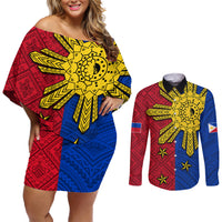 Philippines Sun Batok Tattoo Couples Matching Off Shoulder Short Dress and Long Sleeve Button Shirt Polynesian and Yakan Pattern LT03 Red - Polynesian Pride