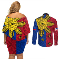 Philippines Sun Batok Tattoo Couples Matching Off Shoulder Short Dress and Long Sleeve Button Shirt Polynesian and Yakan Pattern LT03 - Polynesian Pride