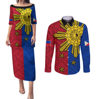 Philippines Sun Batok Tattoo Couples Matching Puletasi and Long Sleeve Button Shirt Polynesian and Yakan Pattern LT03 Red - Polynesian Pride