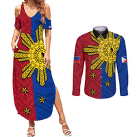 Philippines Sun Batok Tattoo Couples Matching Summer Maxi Dress and Long Sleeve Button Shirt Polynesian and Yakan Pattern LT03 Red - Polynesian Pride