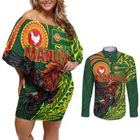 Proud of Manu'a Islands Couples Matching Off Shoulder Short Dress and Long Sleeve Button Shirt Rooster and Polynesian Art Wing Style