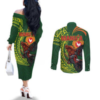 Proud of Manu'a Islands Couples Matching Off The Shoulder Long Sleeve Dress and Long Sleeve Button Shirt Rooster and Polynesian Art Wing Style