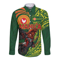 Proud of Manu'a Islands Long Sleeve Button Shirt Rooster and Polynesian Art Wing Style LT03 Unisex Green - Polynesian Pride