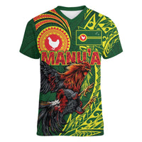 Proud of Manu'a Islands Women V-Neck T-Shirt Rooster and Polynesian Art Wing Style