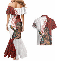 Maori Warrior Couples Matching Mermaid Dress and Hawaiian Shirt Silver Fern New Zealand Map With Kowhaiwhai Pattern LT03 - Polynesian Pride