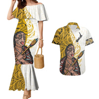 Maori Warrior Couples Matching Mermaid Dress and Hawaiian Shirt Silver Fern New Zealand Map With Kowhaiwhai Pattern LT03 Gold - Polynesian Pride