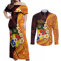 Tonga Culture Couples Matching Off Shoulder Maxi Dress and Long Sleeve Button Shirt Ngatu Pattern with Plumeria and Hibiscus