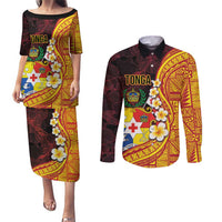 Tonga Culture Couples Matching Puletasi and Long Sleeve Button Shirt Ngatu Pattern with Plumeria and Hibiscus LT03 Black - Polynesian Pride