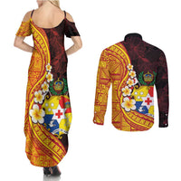 Tonga Culture Couples Matching Summer Maxi Dress and Long Sleeve Button Shirt Ngatu Pattern with Plumeria and Hibiscus LT03 - Polynesian Pride