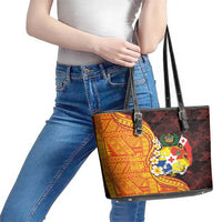 Tonga Culture Leather Tote Bag Ngatu Pattern with Plumeria and Hibiscus LT03 - Polynesian Pride