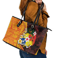 Tonga Culture Leather Tote Bag Ngatu Pattern with Plumeria and Hibiscus LT03 - Polynesian Pride