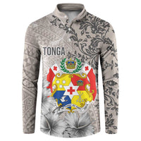 Tonga Culture Button Sweatshirt Ngatu Pattern and Blooming Hibiscus LT03 Light Gray - Polynesian Pride