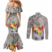 Tonga Culture Couples Matching Mermaid Dress and Long Sleeve Button Shirt Ngatu Pattern and Blooming Hibiscus LT03 - Polynesian Pride