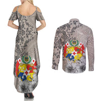 Tonga Culture Couples Matching Summer Maxi Dress and Long Sleeve Button Shirt Ngatu Pattern and Blooming Hibiscus LT03 - Polynesian Pride