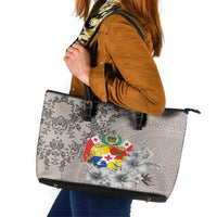Tonga Culture Leather Tote Bag Ngatu Pattern and Blooming Hibiscus LT03 Light Gray - Polynesian Pride