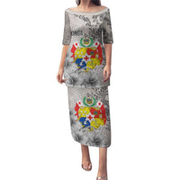 Tonga Culture Puletasi Ngatu Pattern and Blooming Hibiscus LT03 Long Dress Light Gray - Polynesian Pride