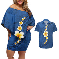 Polynesian Hibiscus and Plumeria with Tapa Pattern Couples Matching Off Shoulder Short Dress and Hawaiian Shirt Blue Color