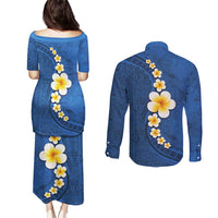 Polynesian Hibiscus and Plumeria with Tapa Pattern Couples Matching Puletasi and Long Sleeve Button Shirt Blue Color LT03 - Polynesian Pride