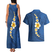 Polynesian Hibiscus and Plumeria with Tapa Pattern Couples Matching Tank Maxi Dress and Hawaiian Shirt Blue Color