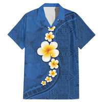 Polynesian Hibiscus and Plumeria with Tapa Pattern Family Matching Mermaid Dress and Hawaiian Shirt Blue Color