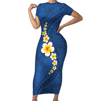 Polynesian Hibiscus and Plumeria with Tapa Pattern Family Matching Short Sleeve Bodycon Dress and Hawaiian Shirt Blue Color