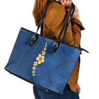 Polynesian Hibiscus and Plumeria with Tapa Pattern Leather Tote Bag Blue Color LT03 - Polynesian Pride