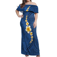 Polynesian Hibiscus and Plumeria with Tapa Pattern Off Shoulder Maxi Dress Blue Color LT03 Women Blue - Polynesian Pride