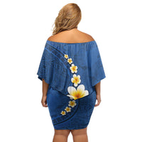 Polynesian Hibiscus and Plumeria with Tapa Pattern Off Shoulder Short Dress Blue Color LT03 - Polynesian Pride