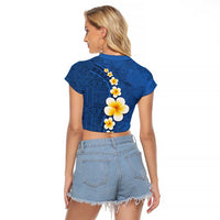 Polynesian Hibiscus and Plumeria with Tapa Pattern Raglan Cropped T Shirt Blue Color