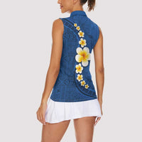 Polynesian Hibiscus and Plumeria with Tapa Pattern Women Sleeveless Polo Shirt Blue Color
