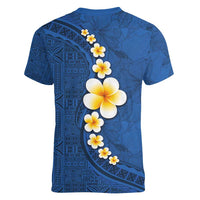 Polynesian Hibiscus and Plumeria with Tapa Pattern Women V-Neck T-Shirt Blue Color