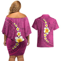 Polynesian Hibiscus and Plumeria with Tapa Pattern Couples Matching Off Shoulder Short Dress and Hawaiian Shirt Pink Color