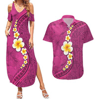 Polynesian Hibiscus and Plumeria with Tapa Pattern Couples Matching Summer Maxi Dress and Hawaiian Shirt Pink Color