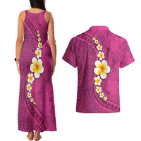 Polynesian Hibiscus and Plumeria with Tapa Pattern Couples Matching Tank Maxi Dress and Hawaiian Shirt Pink Color