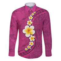 Polynesian Hibiscus and Plumeria with Tapa Pattern Family Matching Long Sleeve Bodycon Dress and Hawaiian Shirt Pink Color